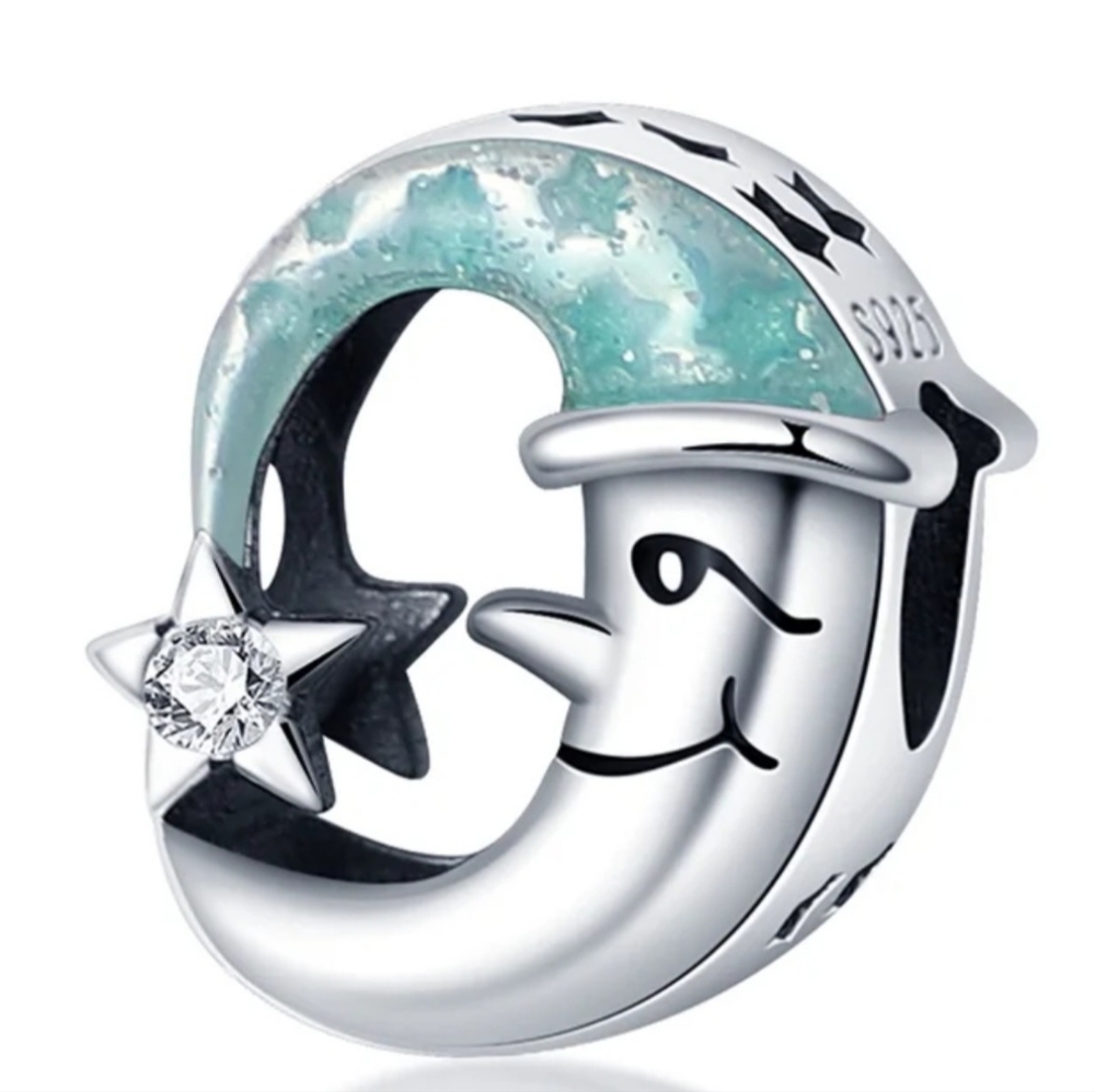 Sleepy Crescent Moon Blue Silver 925 Bracelet Charm with Rhinestone